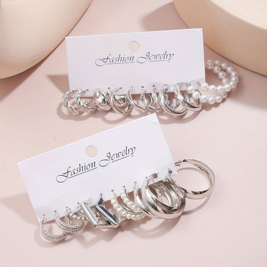12 Pairs Chic Geometric & Faux Pearl Hoop Earrings Set