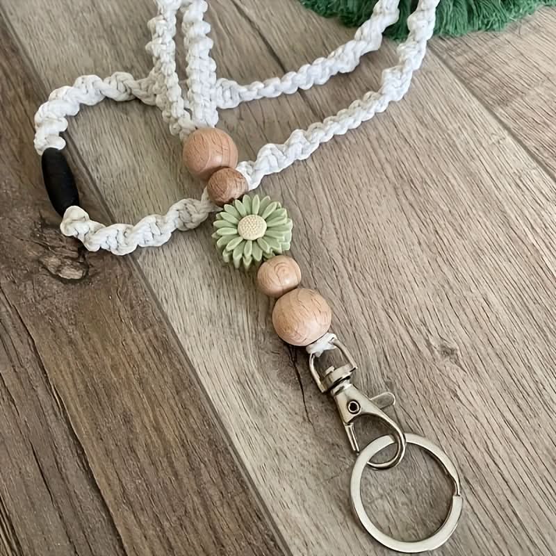 Linen Lanyard with Wooden Beads & Flower Charm