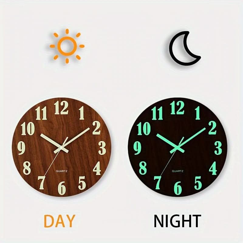 12-Inch Silent Glow-in-the-Dark Wooden Wall Clock