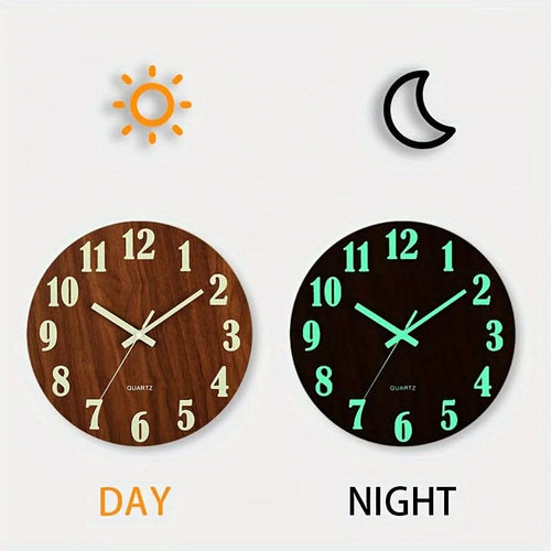 12-Inch Silent Glow-in-the-Dark Wooden Wall Clock