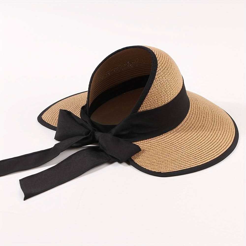 Women's Straw Sun Visor Hat with Ponytail Hole – Beach Cap with Bow