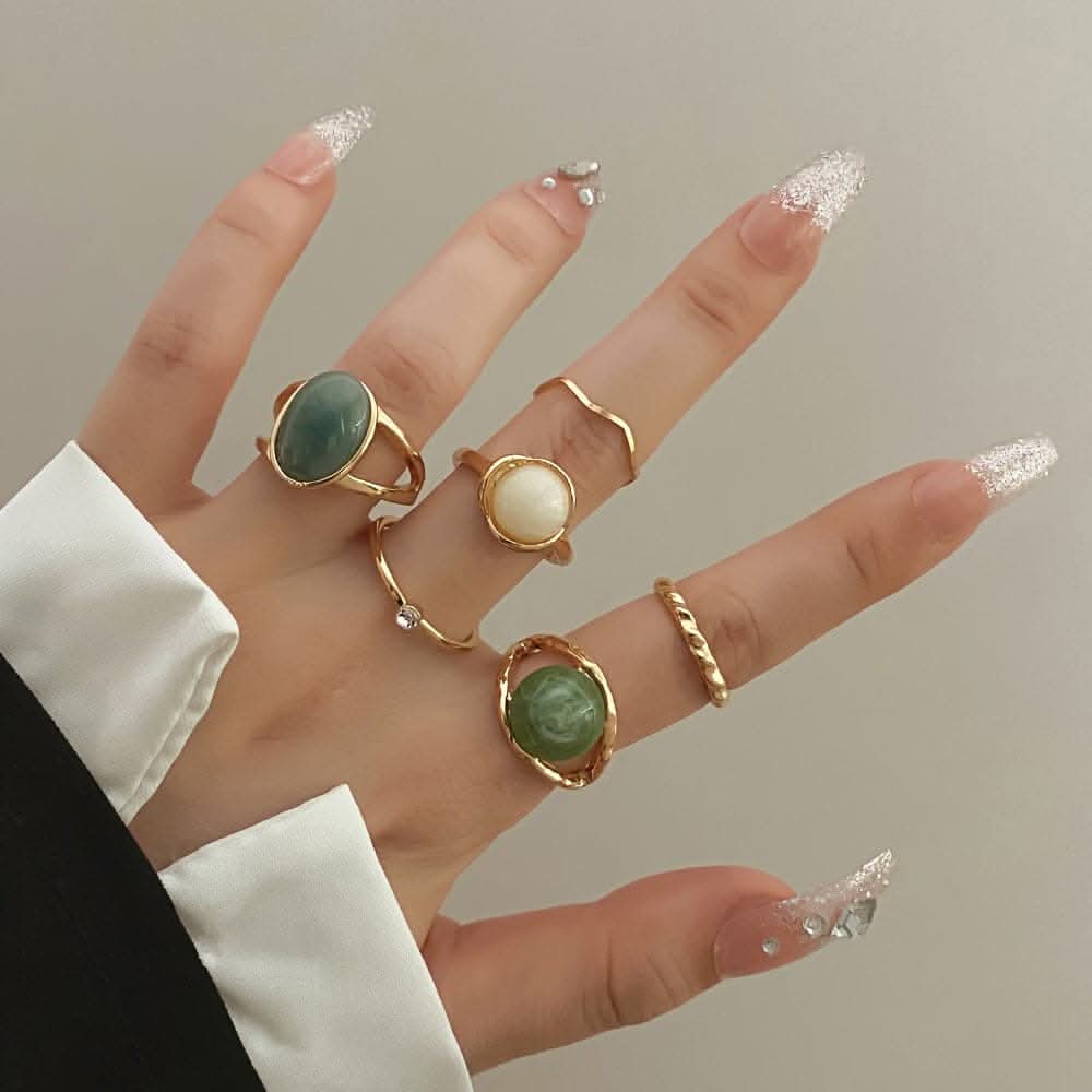 Golden-Tone Ring Set with Green Gemstones – 6-Piece