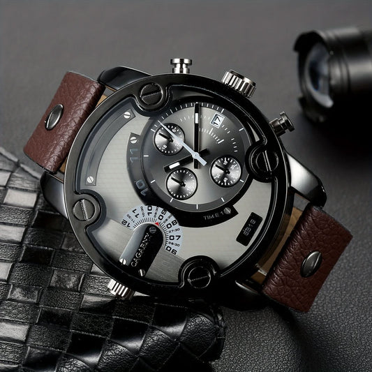 Men’s Large Dial Quartz Watch – Casual PU Leather Wristwatch with Date Display