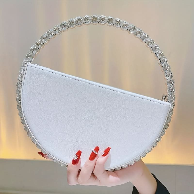 Rhinestone Ring Evening Clutch, White Faux Leather