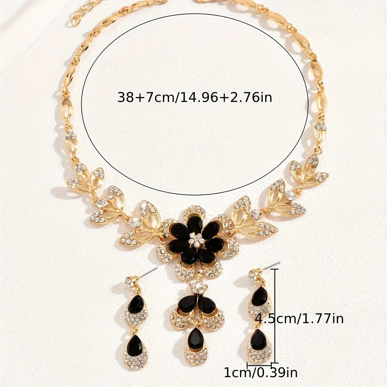 Dangle Earrings & Necklace Set – Copper Jewelry with Zircon Inlay, Flower Design