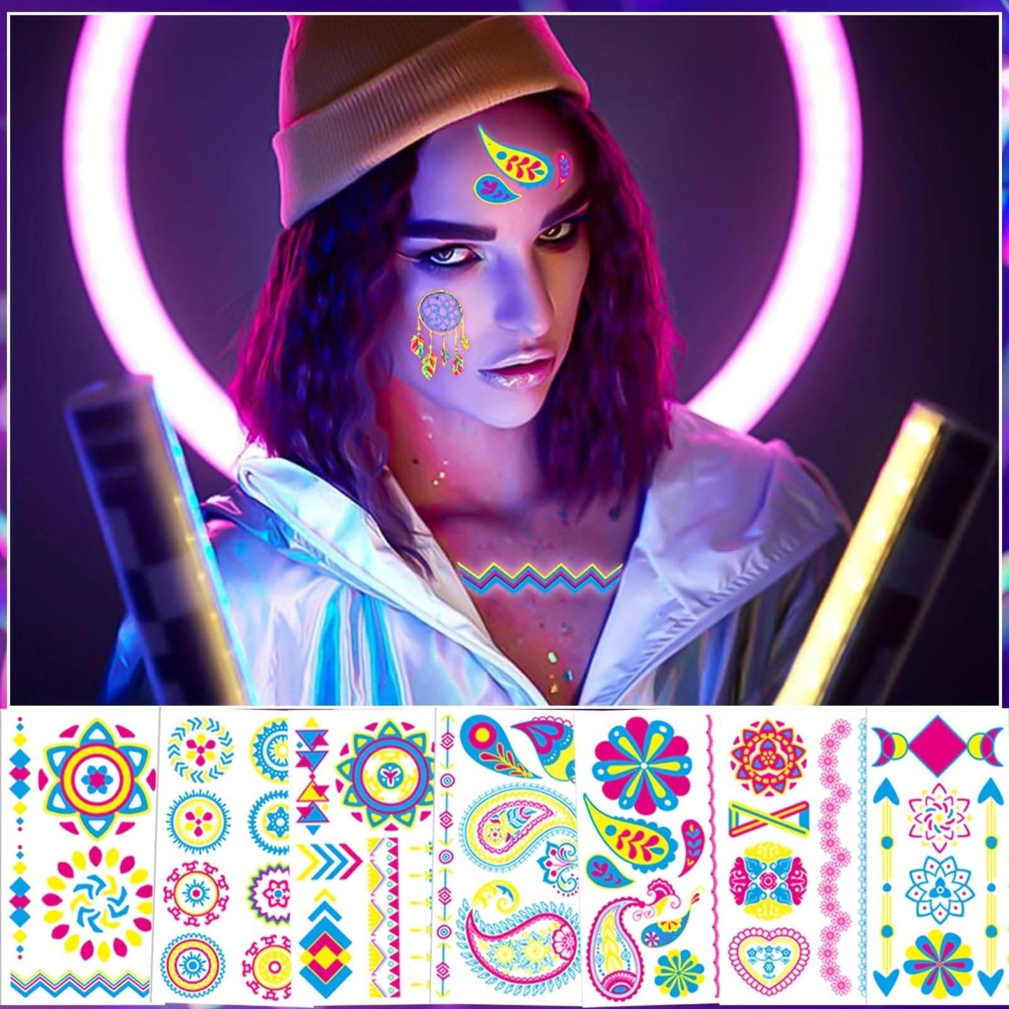 20 Sheets Fluorescent Temporary Tattoo Stickers – Neon Light, Waterproof Accessories