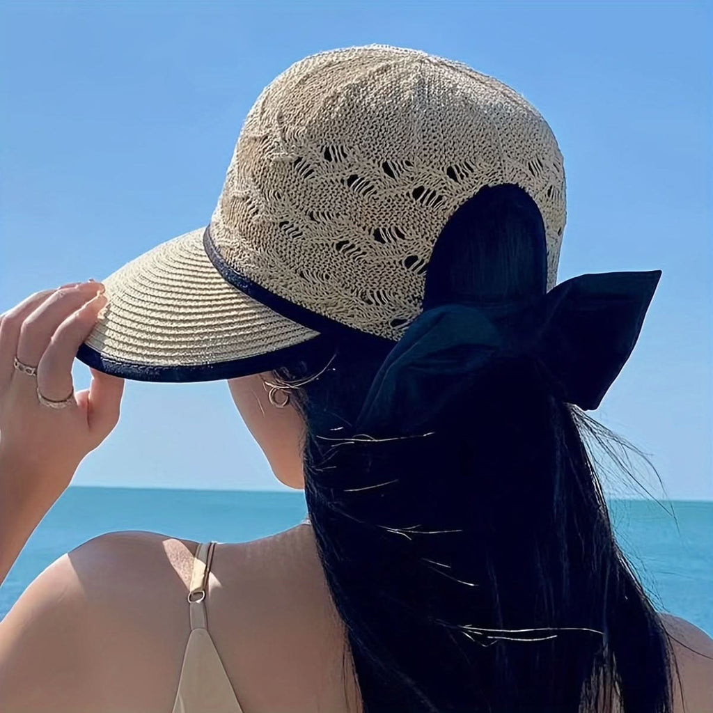 Women's Foldable Straw Sun Hat with Bowknot – UV Protection Summer Cap