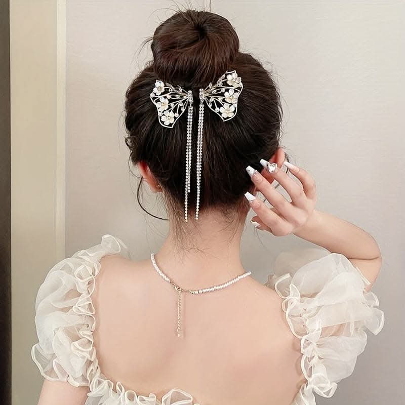 Luxurious Butterfly Flower Hair Clip – Alloy, Pearl & Rhinestone Design