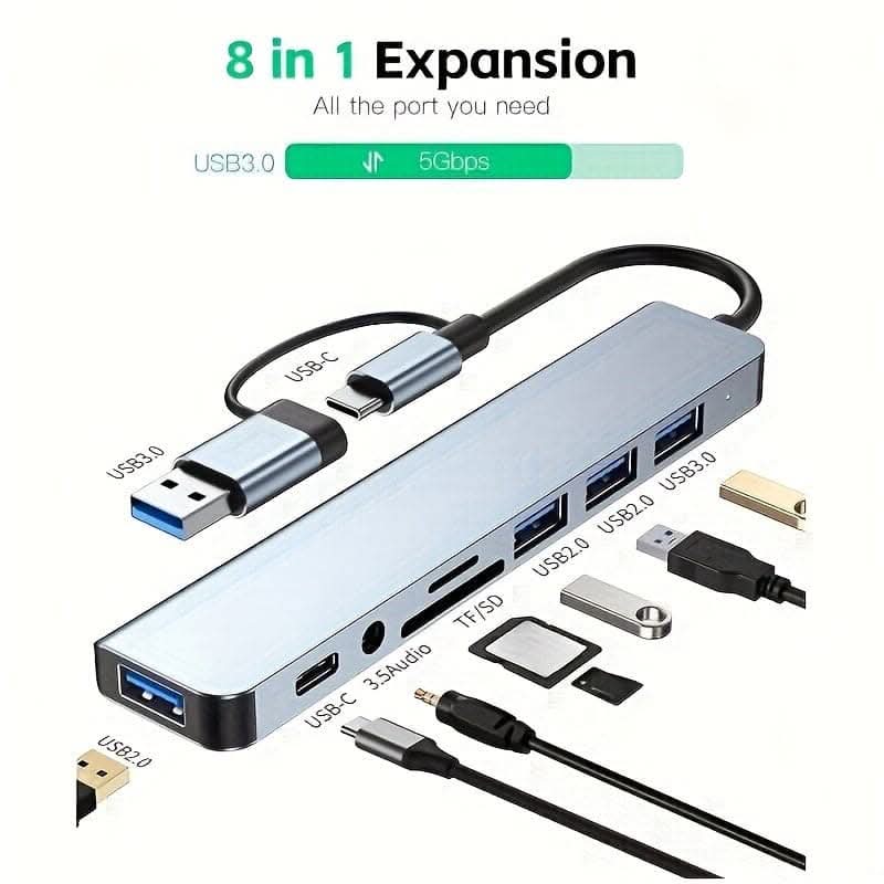 8-in-1 USB Hub with Type-C Adapter