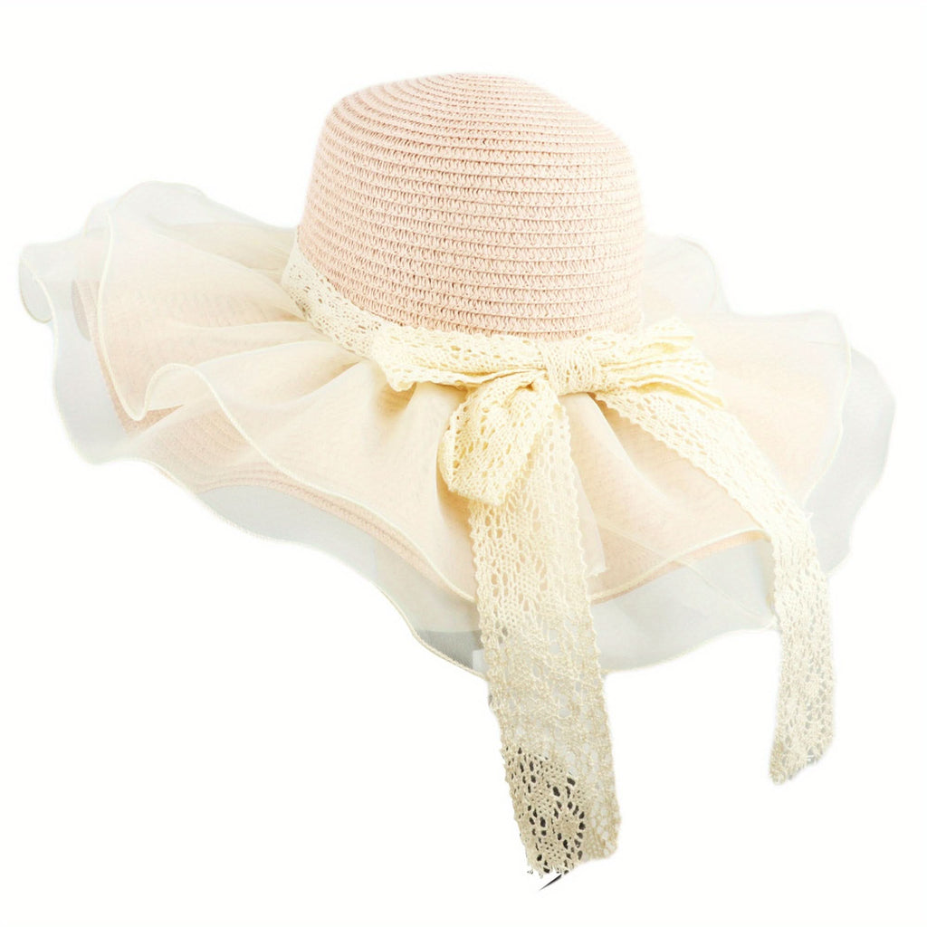 Women's Linen Straw Bucket Hat with Bow – Mesh Patchwork Wide Brim Sun Visor