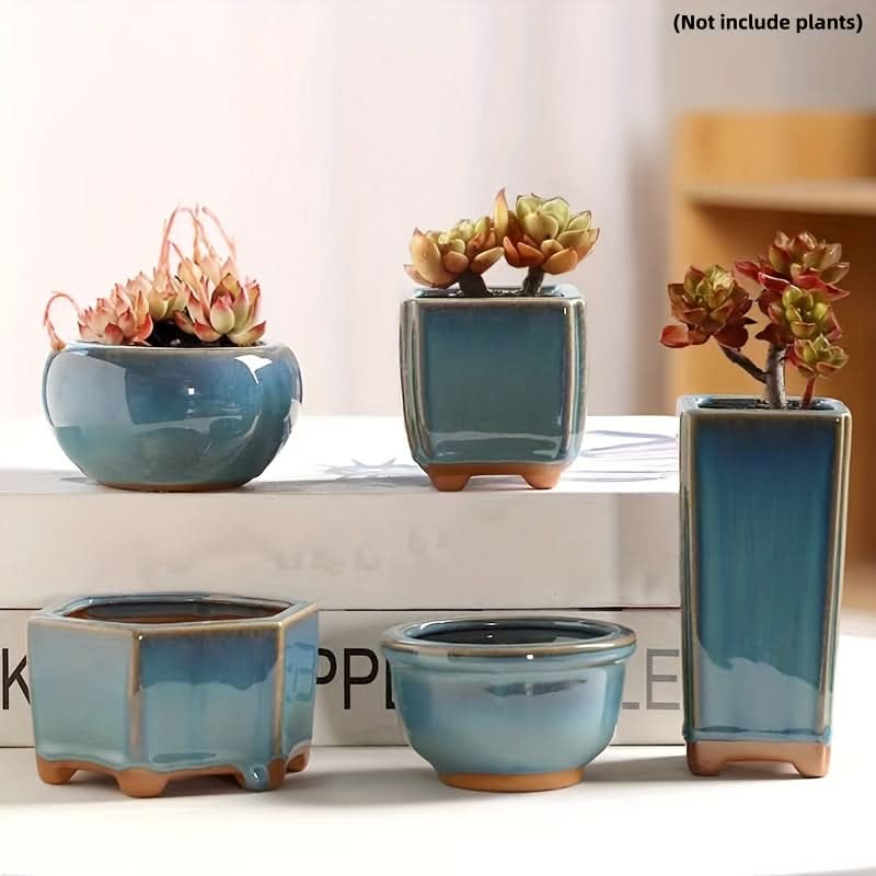5-Piece Handcrafted Blue Ceramic Mini Succulent Planter Set