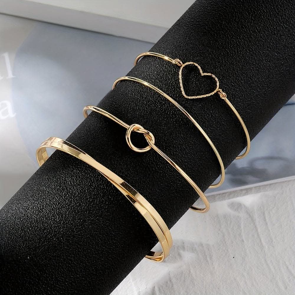 4pcs Golden Knotted Love Cuff Bangle Set – Stackable Alloy Bracelets