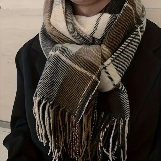 Men's Handmade Plaid Scarf with Tassels – Warm, Knitted Polyester for Fall/Winter