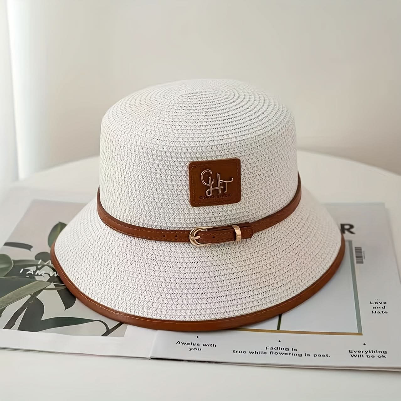 Women’s Straw Fedora Hat – Short Brim Sun Hat with Faux Leather Belt