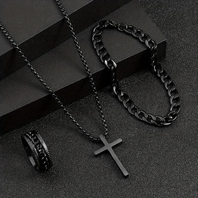 3pcs Men's Stainless Steel Jewelry Set – Cross Necklace, Bracelet, Ring