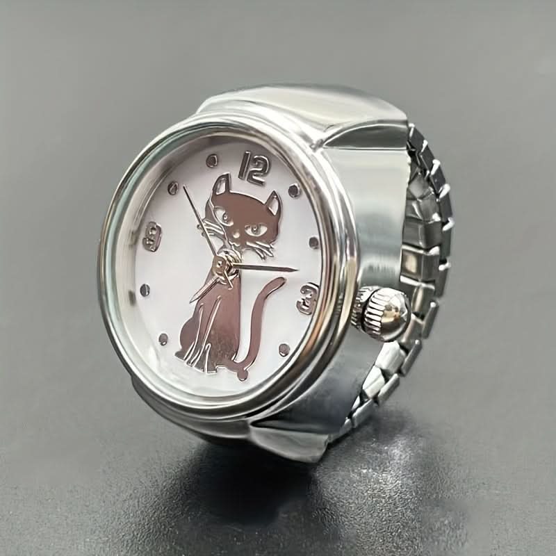 Cute Cartoon Cat Quartz Ring Watch – Unisex, Elastic, Gift Idea