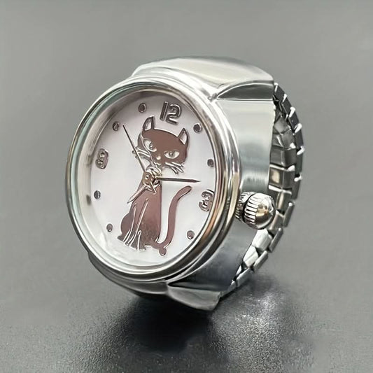Cute Cartoon Cat Quartz Ring Watch – Unisex, Elastic, Gift Idea