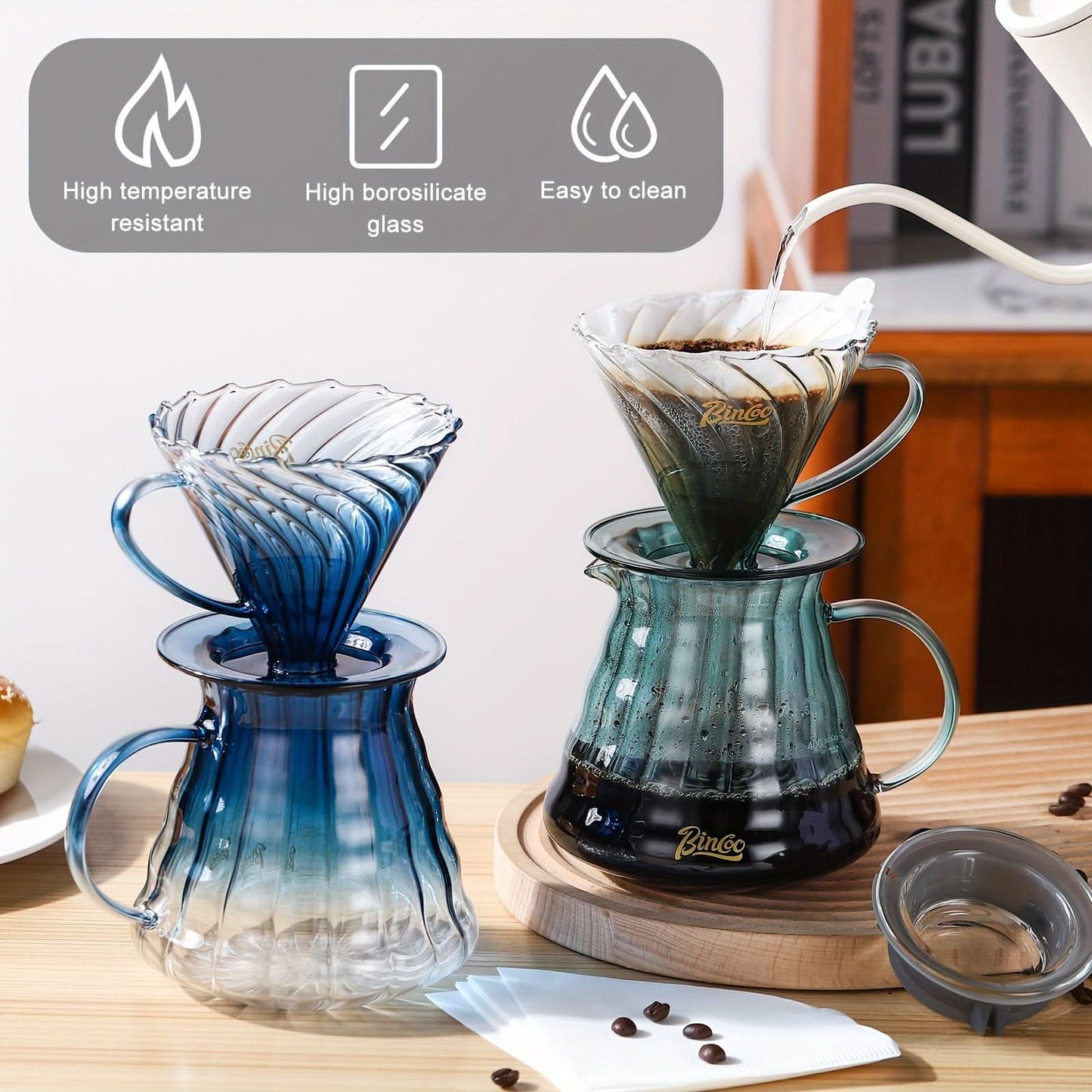 600ml Glass V60 Coffee Maker Set – Pour Over Coffee Dripper with Wood Stand