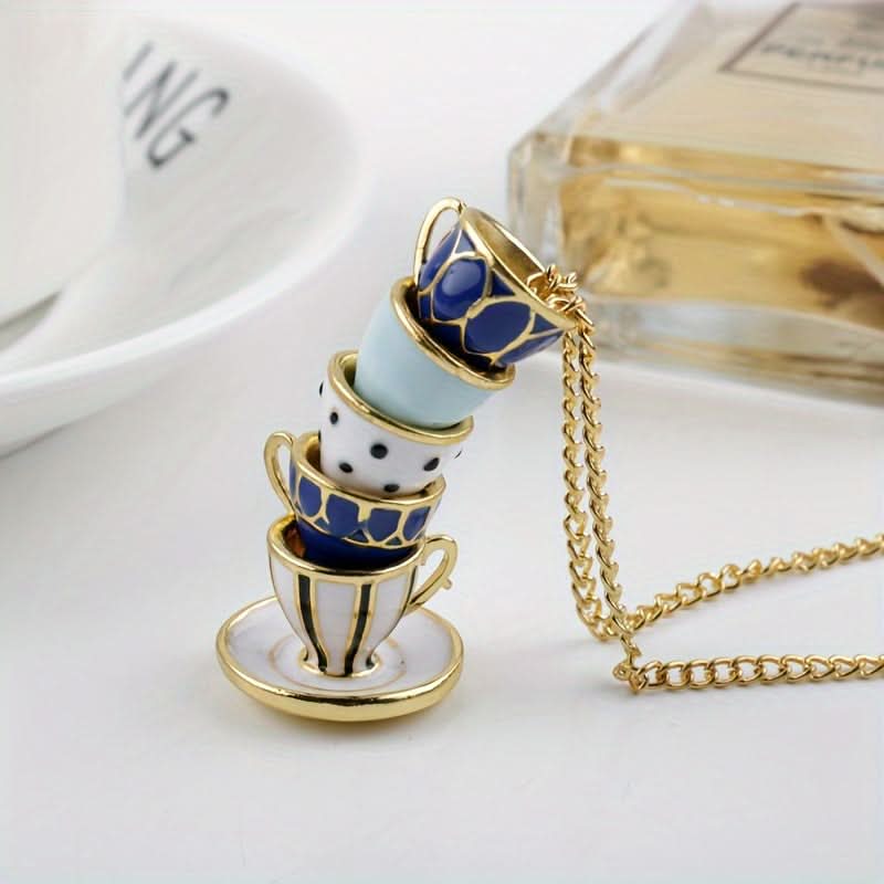 Vintage Tea Cup Pendant Necklace, Antique Gold