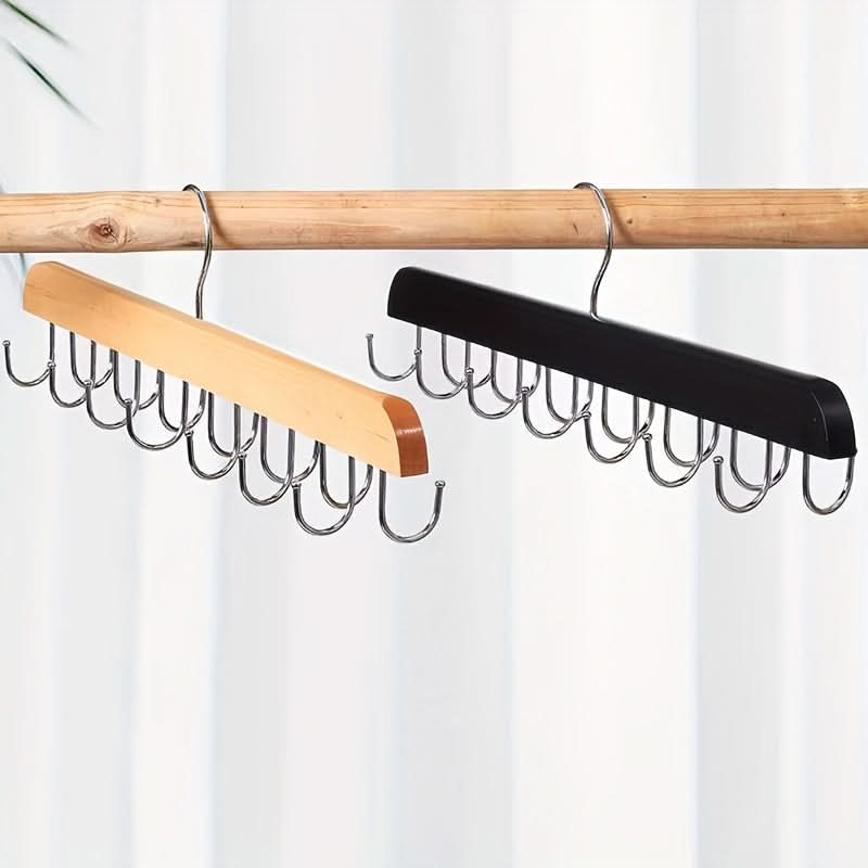 14-Slot Wooden Belt Hanger with Polished Hooks