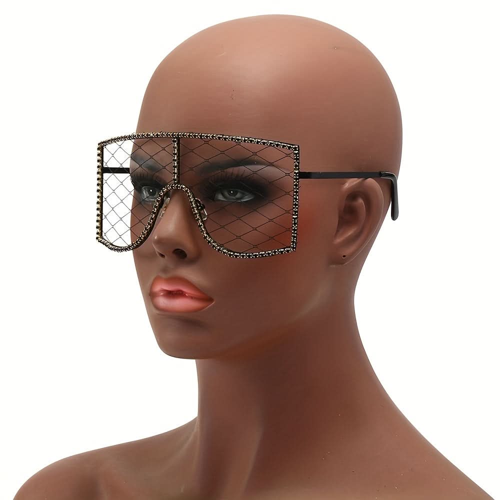 Luxury Rhinestone Mesh Shield Glasses for Women - Sparkling Square Eyewear, Protective Lens