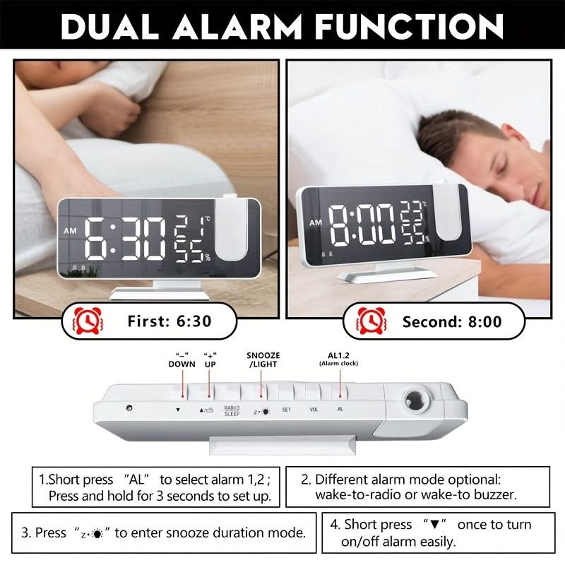 Smart Digital Alarm Clock – LED Display, FM Radio, Projection
