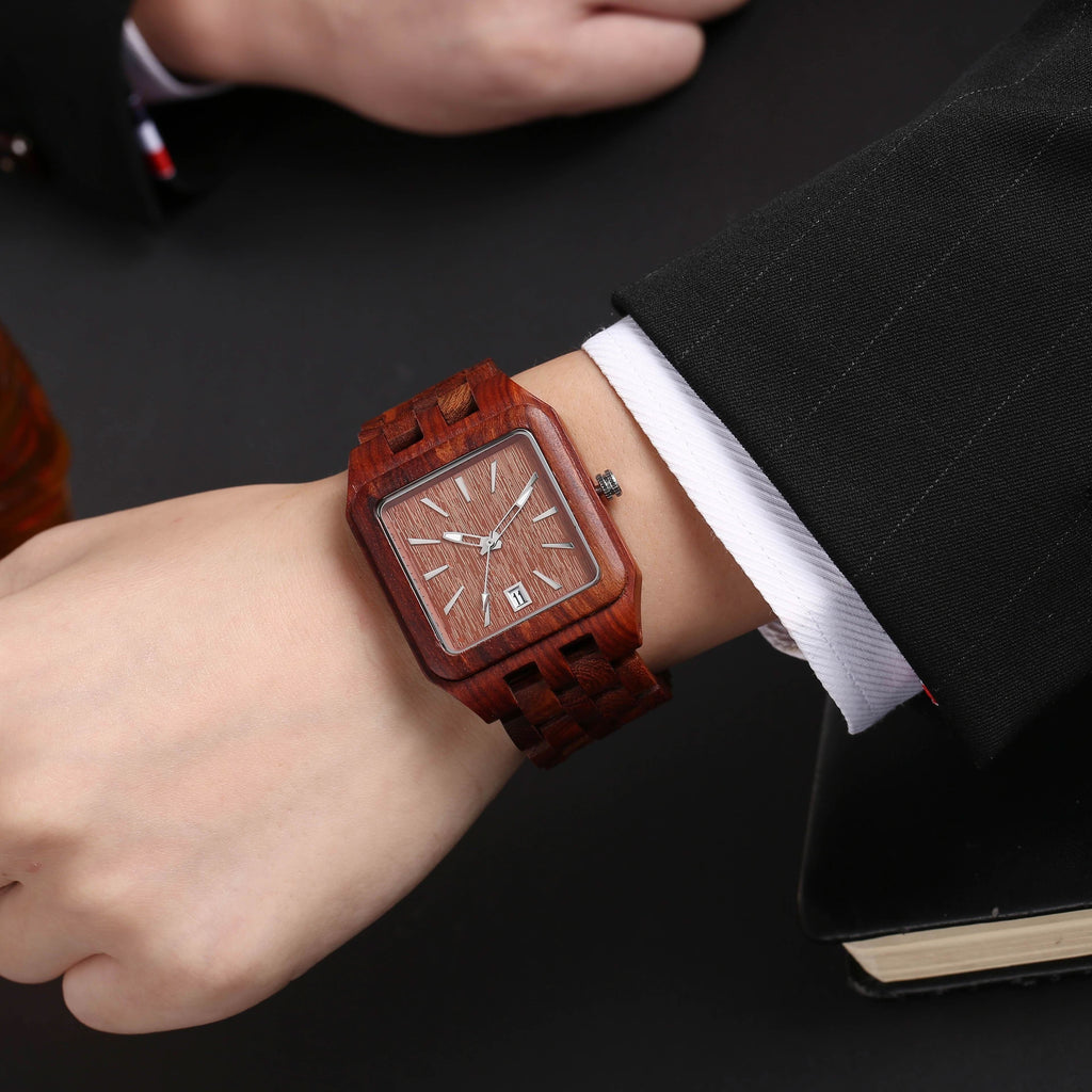 Wooden Square Dial Men's Quartz Watch, Date Feature