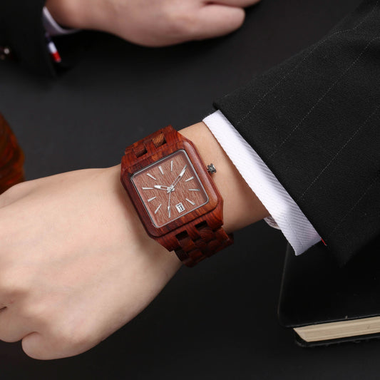 Wooden Square Dial Men's Quartz Watch, Date Feature