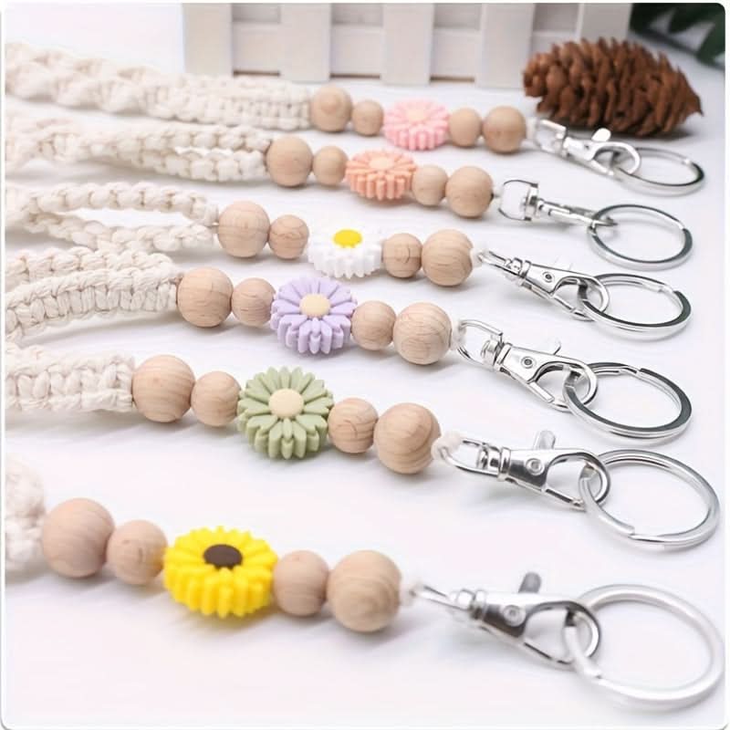 Linen Lanyard with Wooden Beads & Flower Charm