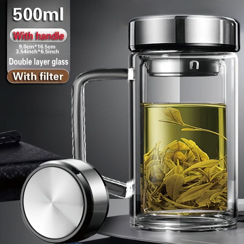 Double-Layer Glass Tea & Coffee Mug-Leak-Proof, Heat-Resistant with Filter, Reusable