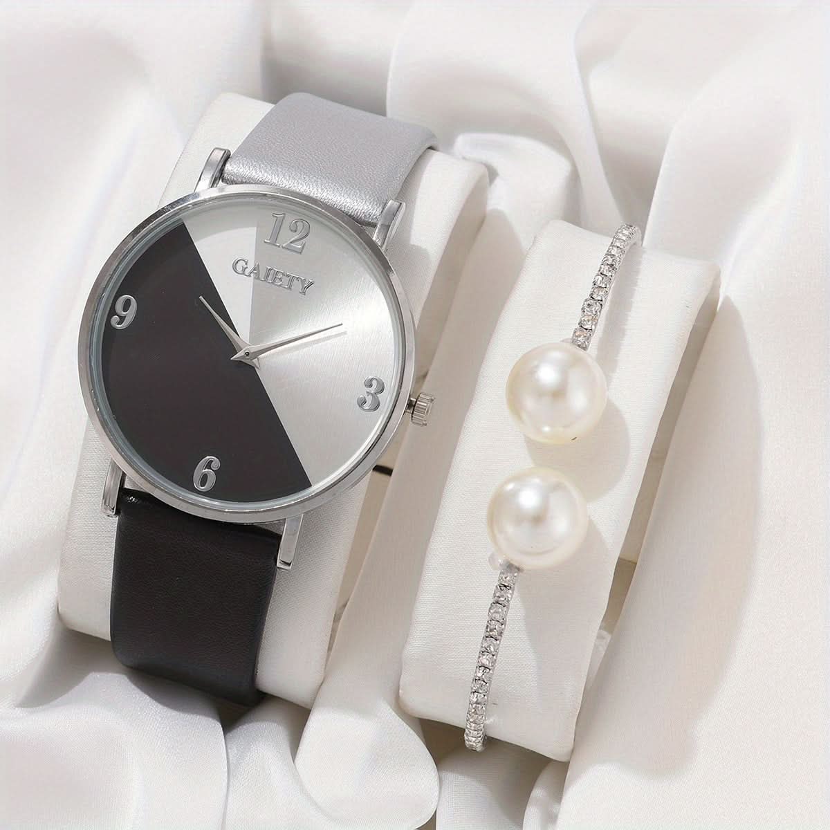 Minimalist Quartz Watch with PU Strap and Matching Bracelet