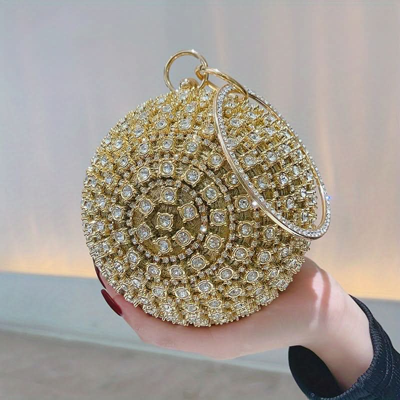Gold Rhinestone Round Evening Clutch Bag