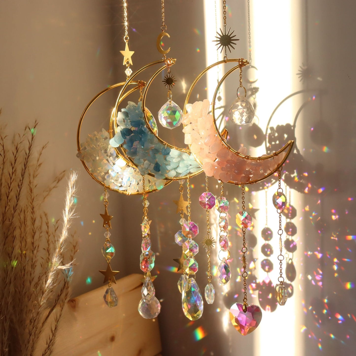3-Piece Rainbow Amethyst Moon Crystal Prisms Suncatcher – Vibrant For Home Decor