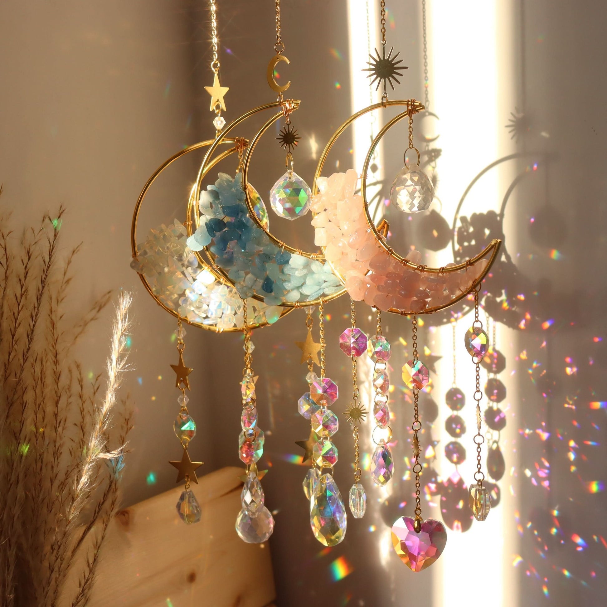 3-Piece Rainbow Amethyst Moon Crystal Prisms Suncatcher – Vibrant For Home Decor