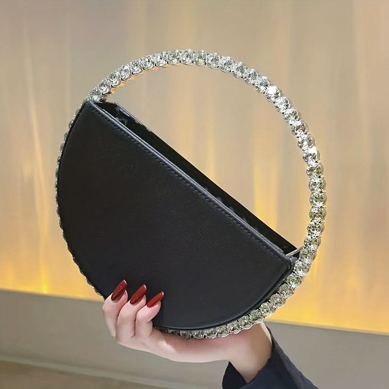 Rhinestone Ring Evening Clutch, White Faux Leather