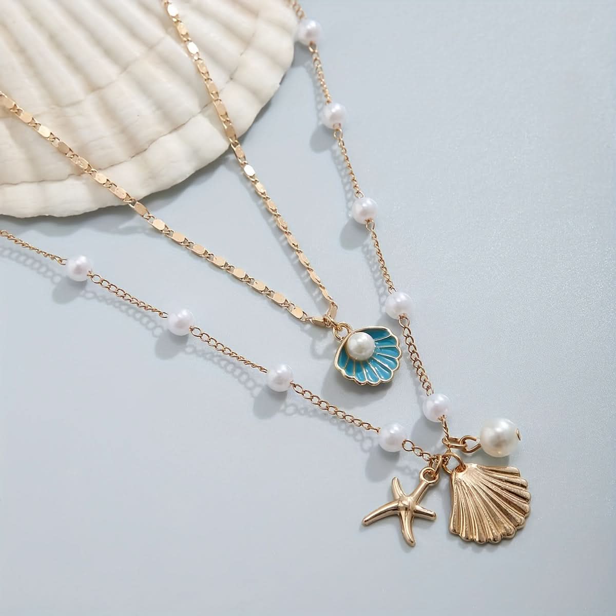 2pcs Multi-Layered Ocean-Inspired Necklaces – Starfish & Shell Pendants