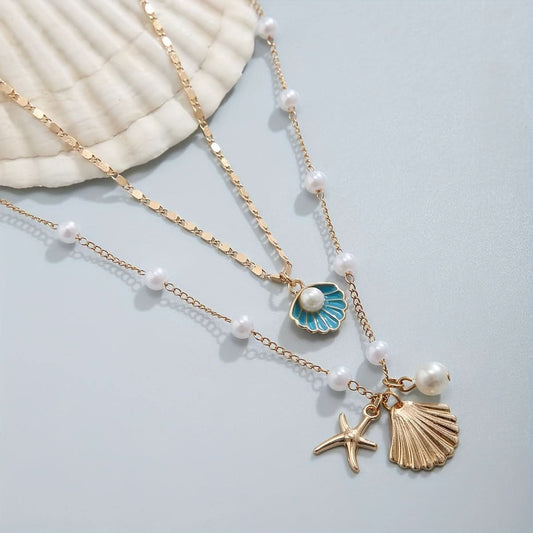 2pcs Multi-Layered Ocean-Inspired Necklaces – Starfish & Shell Pendants
