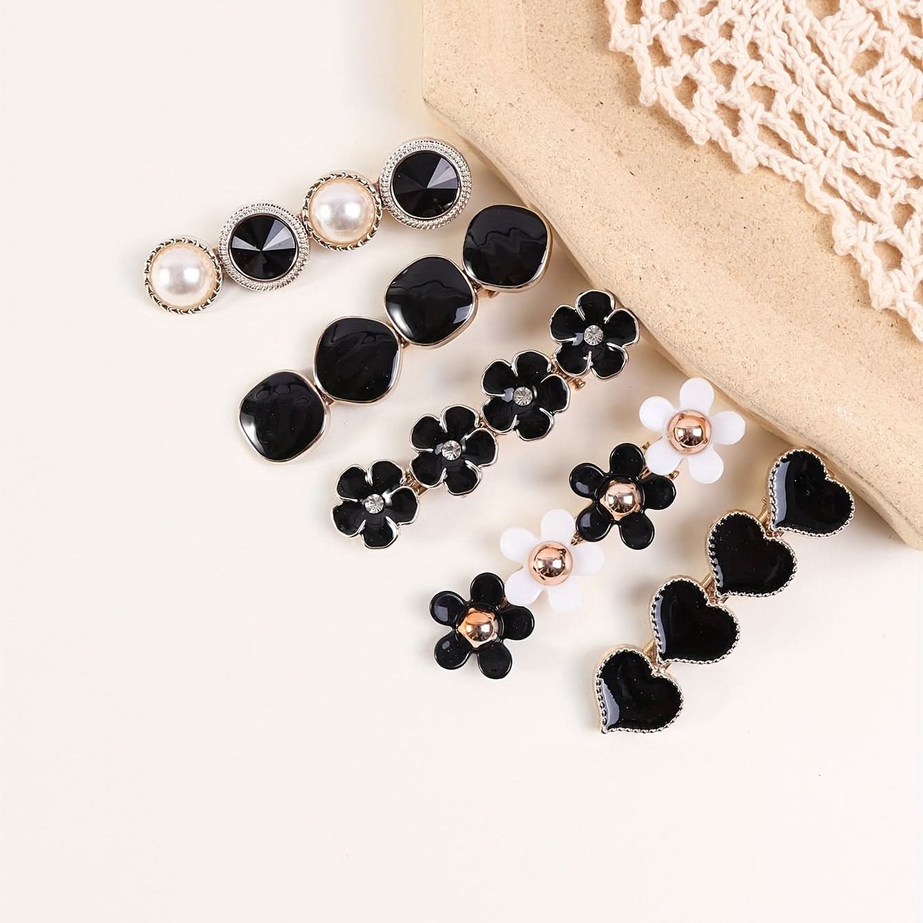 5pcs Black Heart Flower Pearl Hair Clips - Elegant Women's Hair Accessories