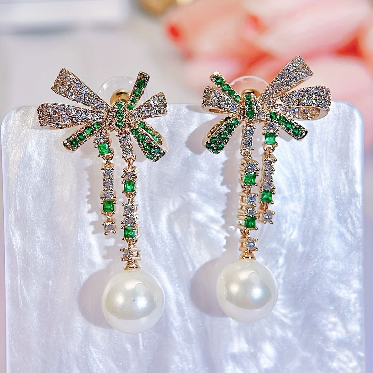 Faux Pearl Bow Dangle Earrings with Zircon