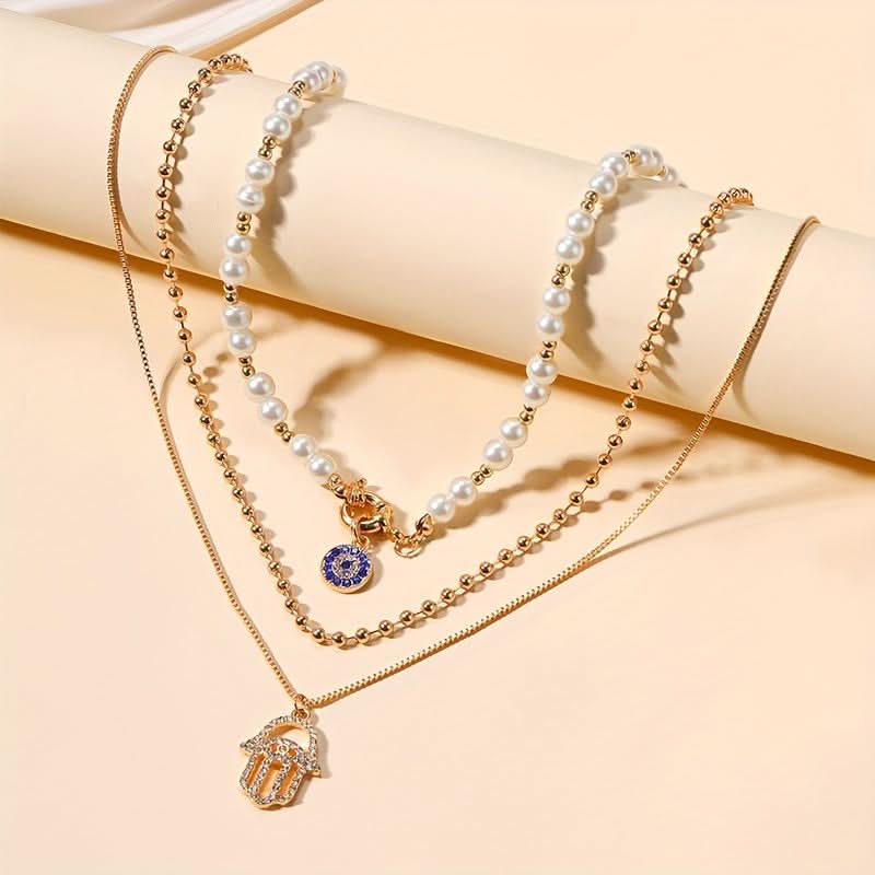 Elegant Layered Hamsa Necklace with Rhinestones
