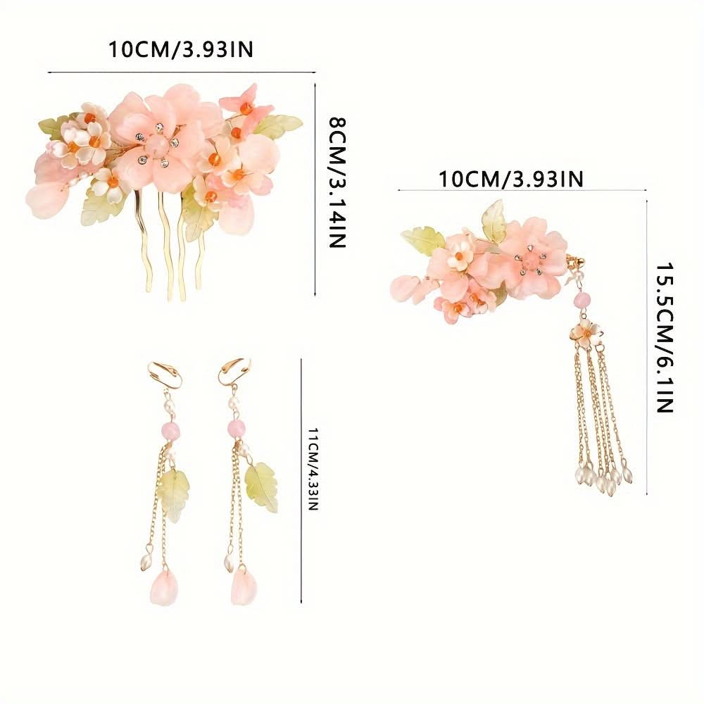 Chinese-Style Pink Flower Hair Clip Set