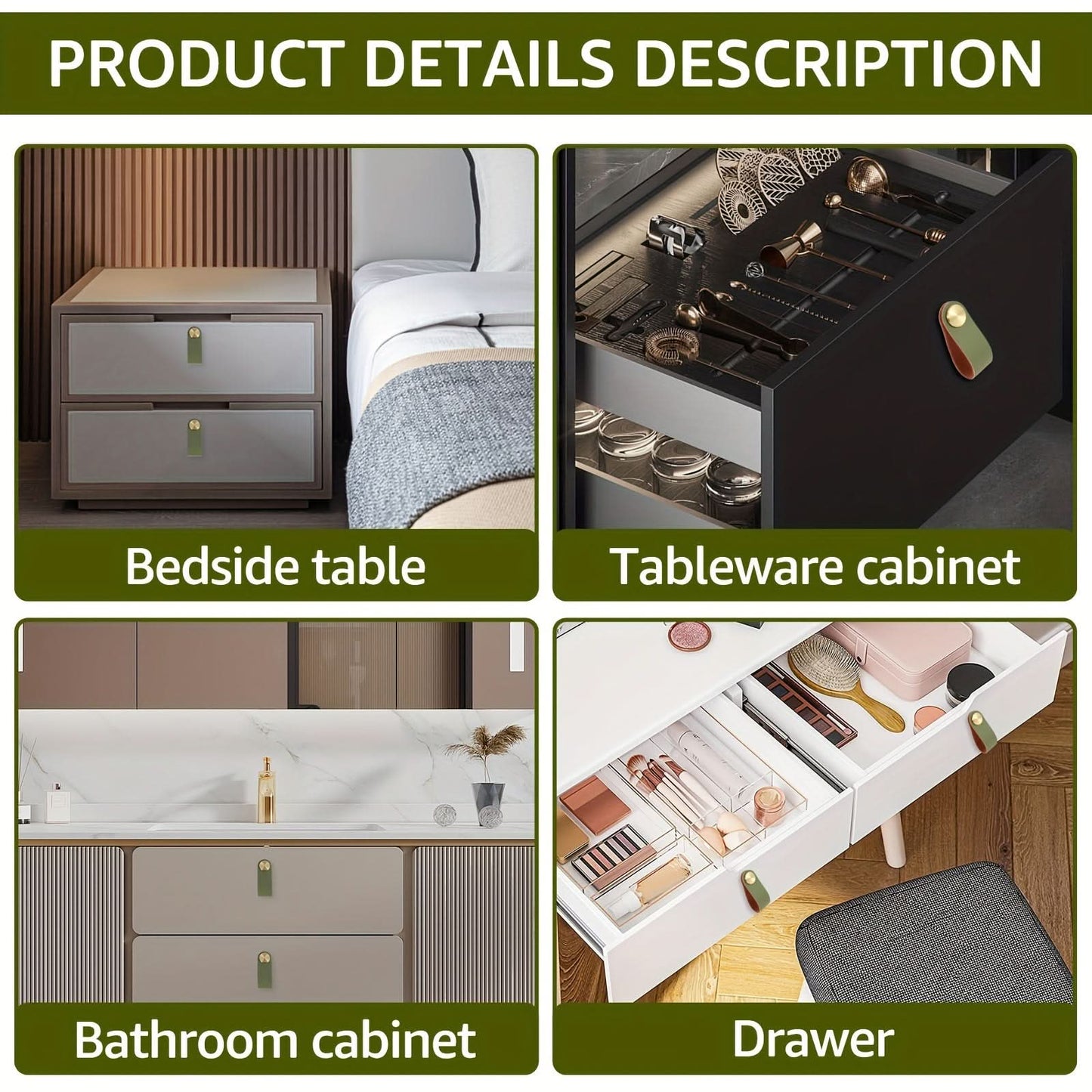 6-Pack Leather Drawer Pulls – Thickened Cabinet Handles with Brass Accents