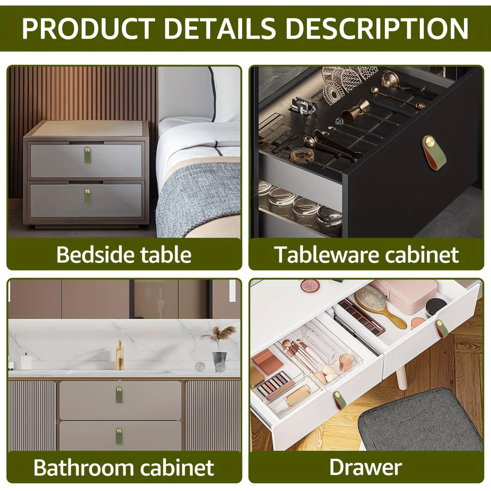 6-Pack Leather Drawer Pulls – Thickened Cabinet Handles with Brass Accents