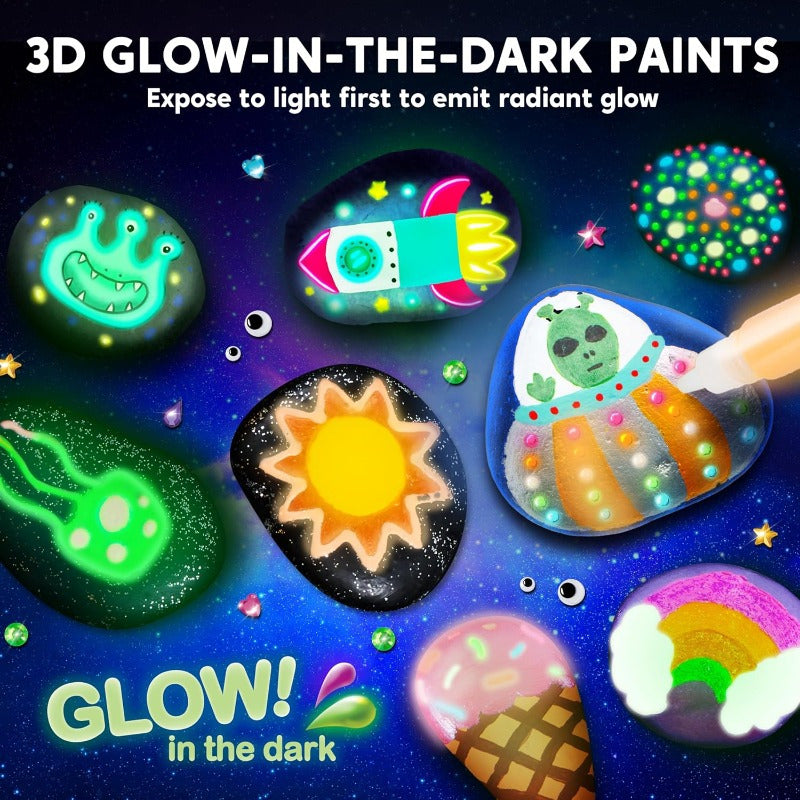 Glow-in-the-Dark Rock Painting Kit for Kids – DIY Art Set with Gem Stickers