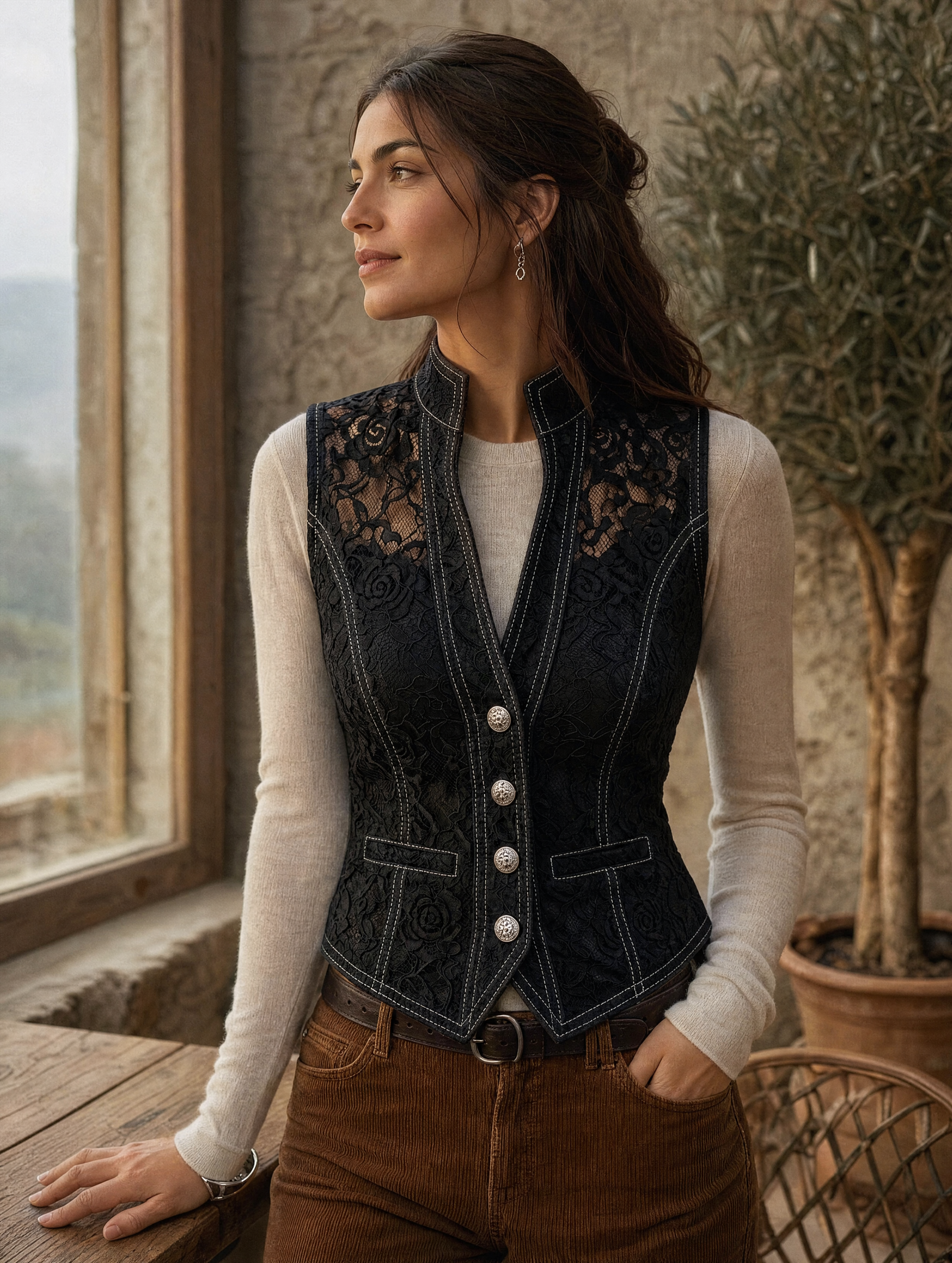 Vintage Lace Contrast Stitch Stand Collar Fitted Waistcoat