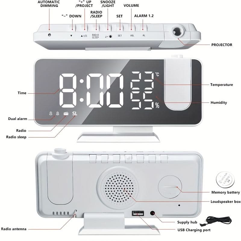 Smart Digital Alarm Clock – LED Display, FM Radio, Projection