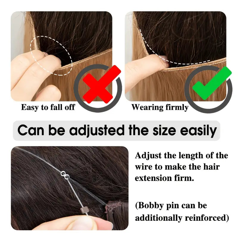 Invisible Natural Black Wavy Hair Extensions for Women – One-Piece Fish Line Wig with Natural Curls