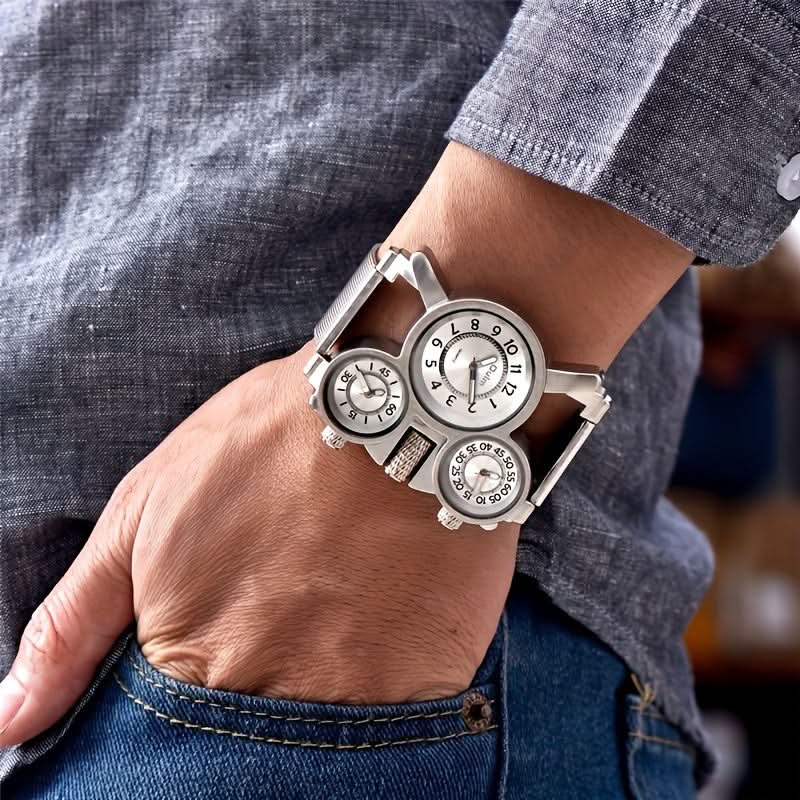Men’s Multi-Time Zone Quartz Watch – 3 Dials, Stainless Steel Mesh Band