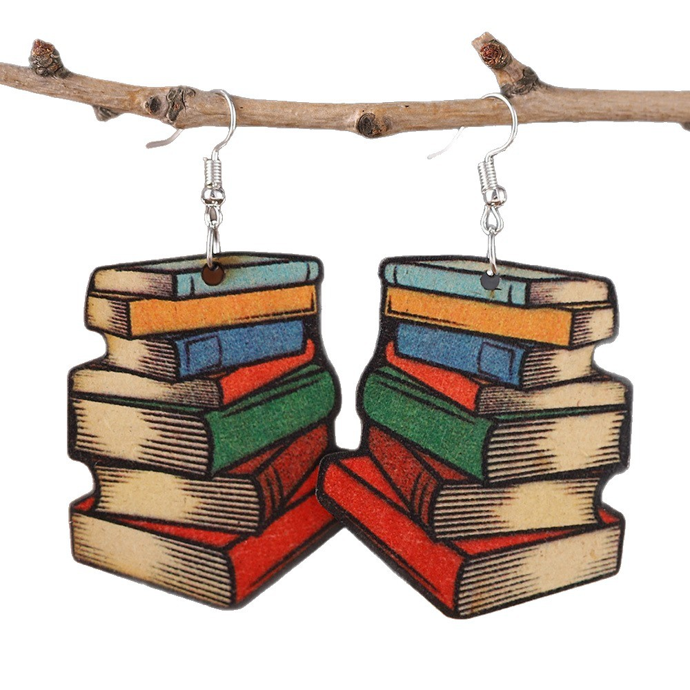 3D Wooden Book Earrings for Women – Asymmetrical Graduation Statement Jewelry