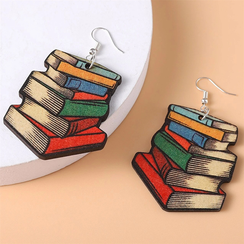 3D Wooden Book Earrings for Women – Asymmetrical Graduation Statement Jewelry